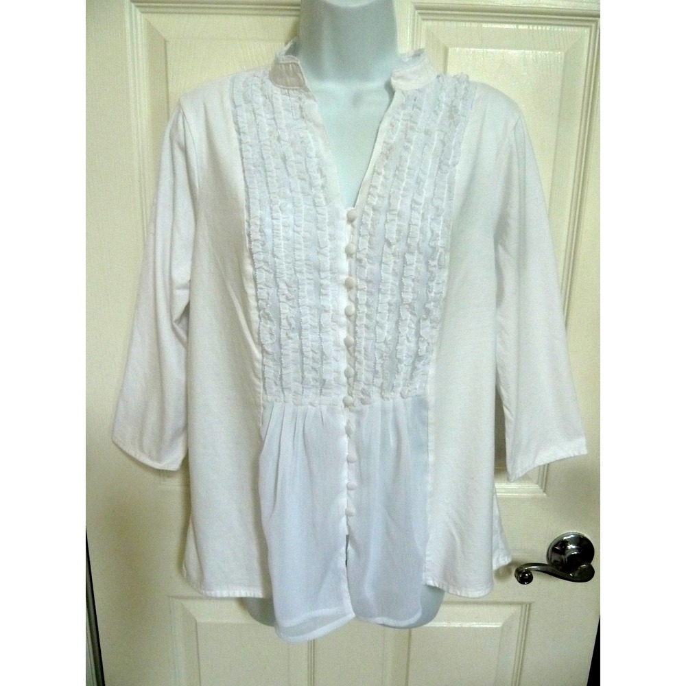 Coldwater Creek White Ruffled Front Stand-Up Neck Blouse M 10-12 3/4 Sleeve